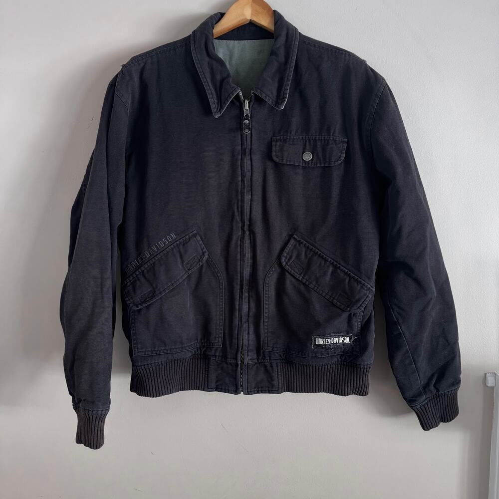 Harley Davidson Reversible Embroidered Canvas Bomber Jacket Black Size Medium - Picture 2 of 9